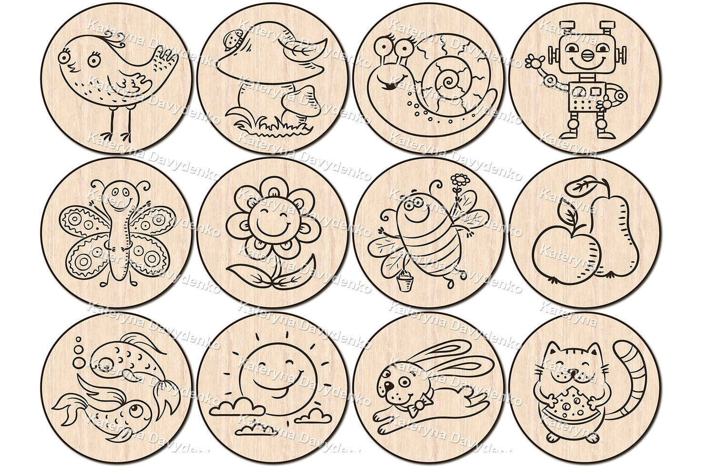 Cute wooden memory game for laser cutting with various animal and nature designs.