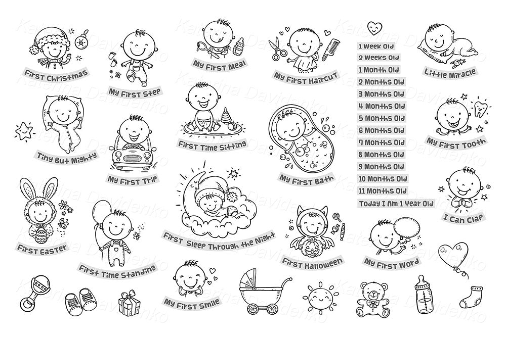 Baby Milestone Clipart – My First Moments SVG PNG – First Year Stickers, Milestones for Baby Book, Printables Scrapbook Clipart