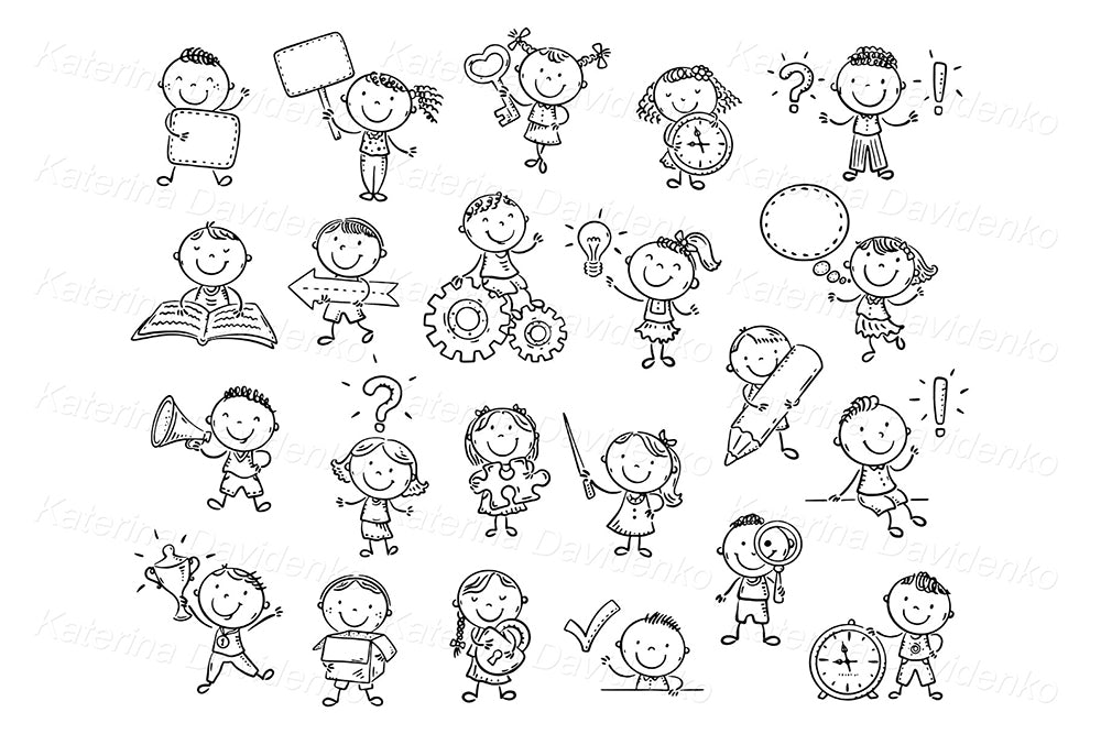 Kids education clipart set. Cute children with school things