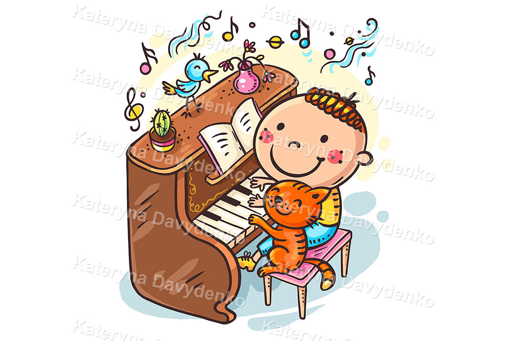 Cartoon child playing piano with kitten, surrounded by musical notes and birds