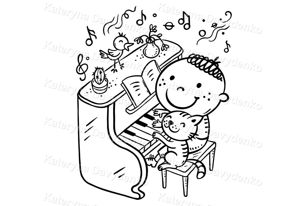 Cartoon Boy and Cat Playing Piano - Music Kids Activities Clipart