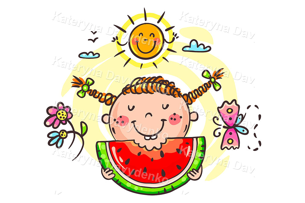 Cartoon girl with watermelon slice, sun, and flowers
