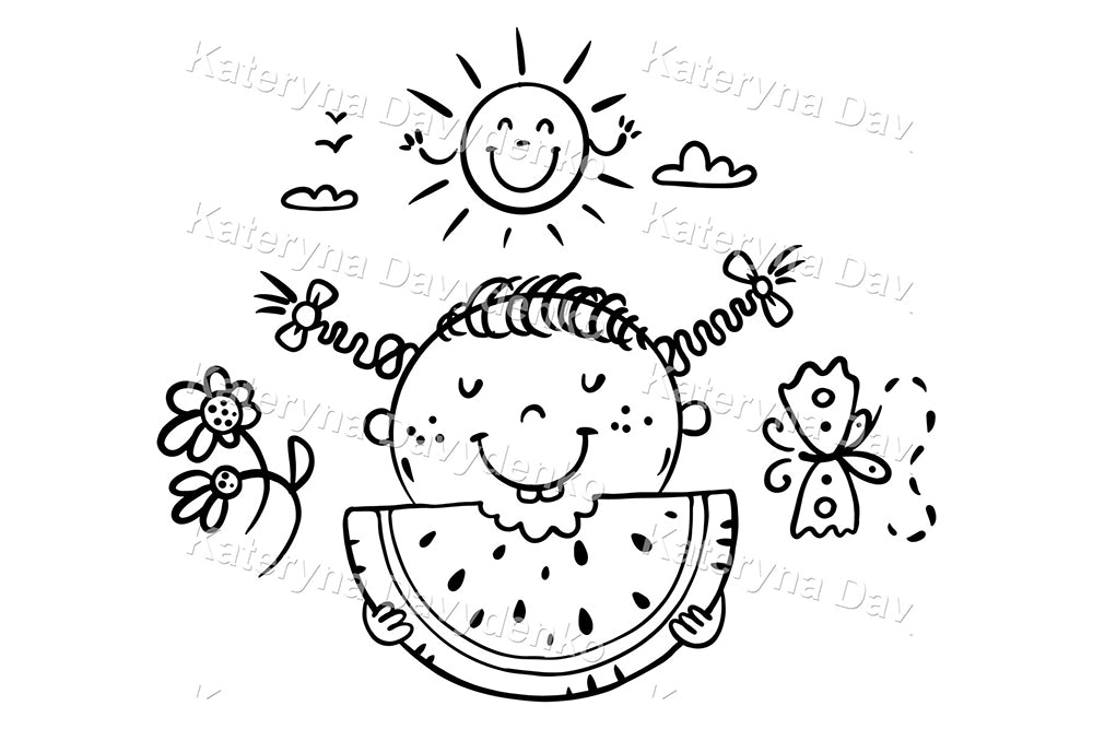 Cute cartoon little girl eating watermelon. Summer season clipart