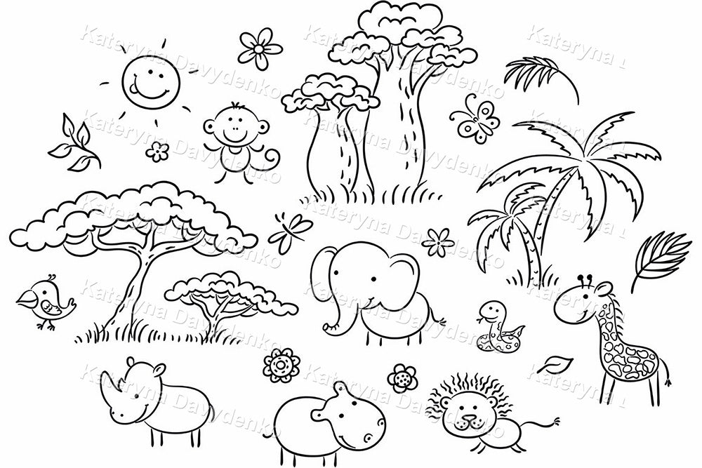 Black and white illustration of jungle animals and plants