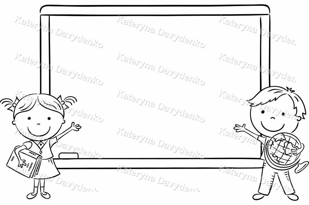 Black and white illustration of two children with a blackboard, blank space