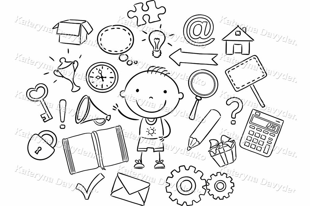 Cartoon Kindergarten Boy with Symbols – Black and White Educational Clipart