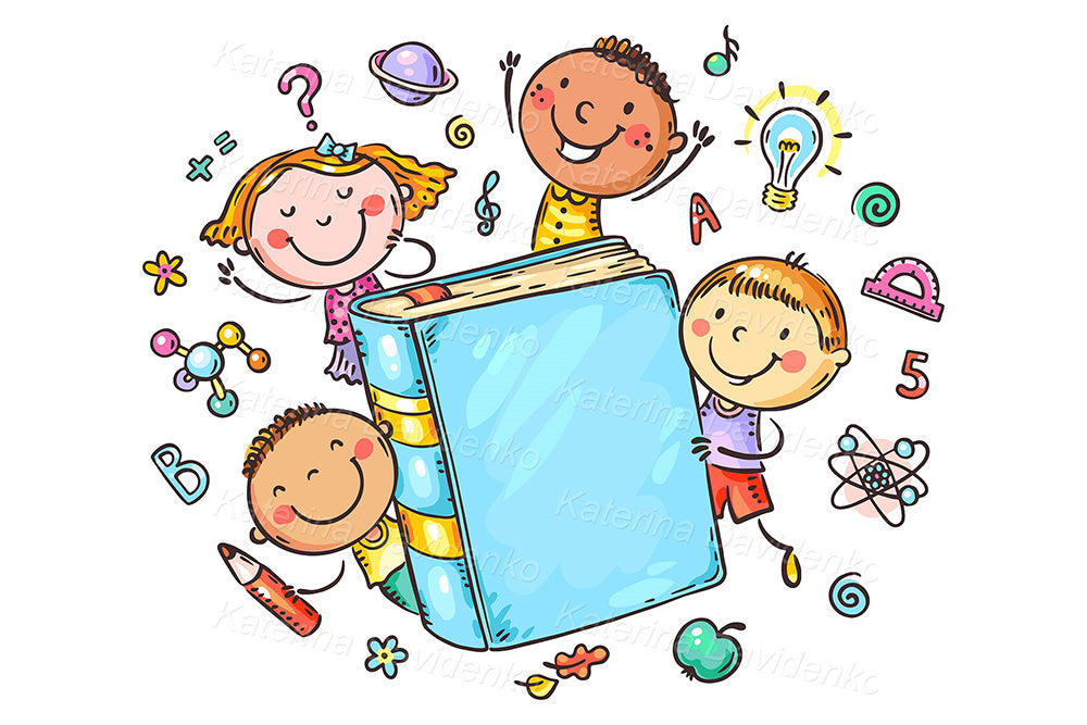 schoolkids reading book clipart, educaional illustration
