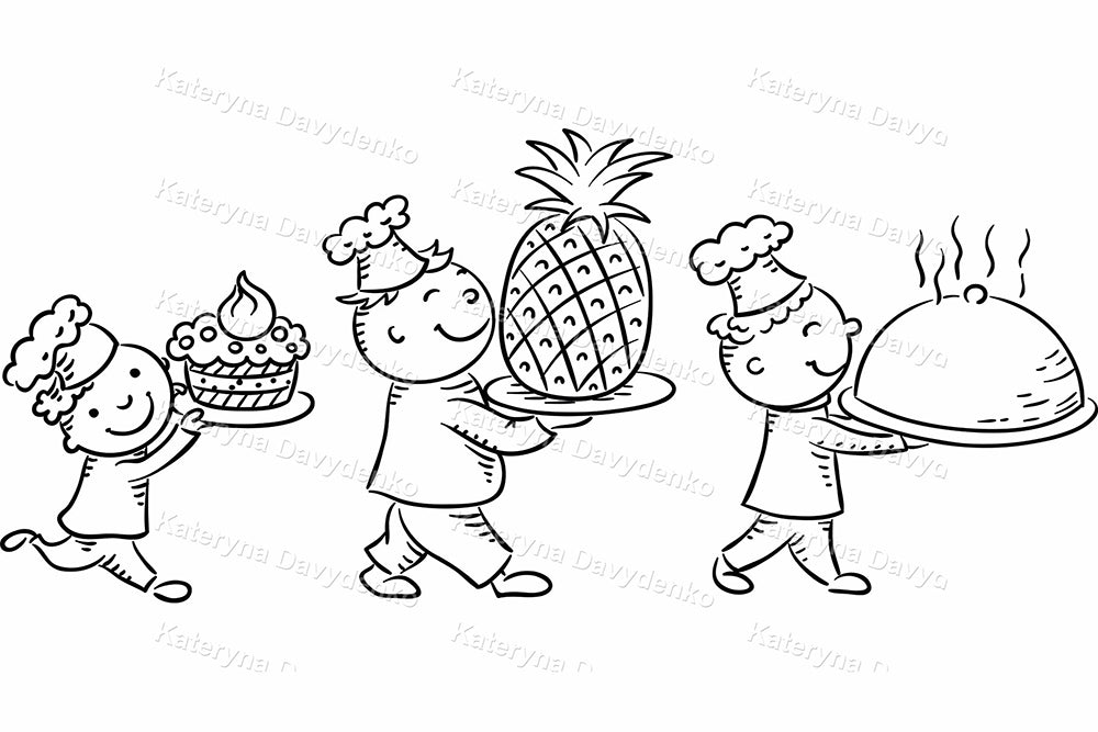 Illustration of three chefs carrying different dishes