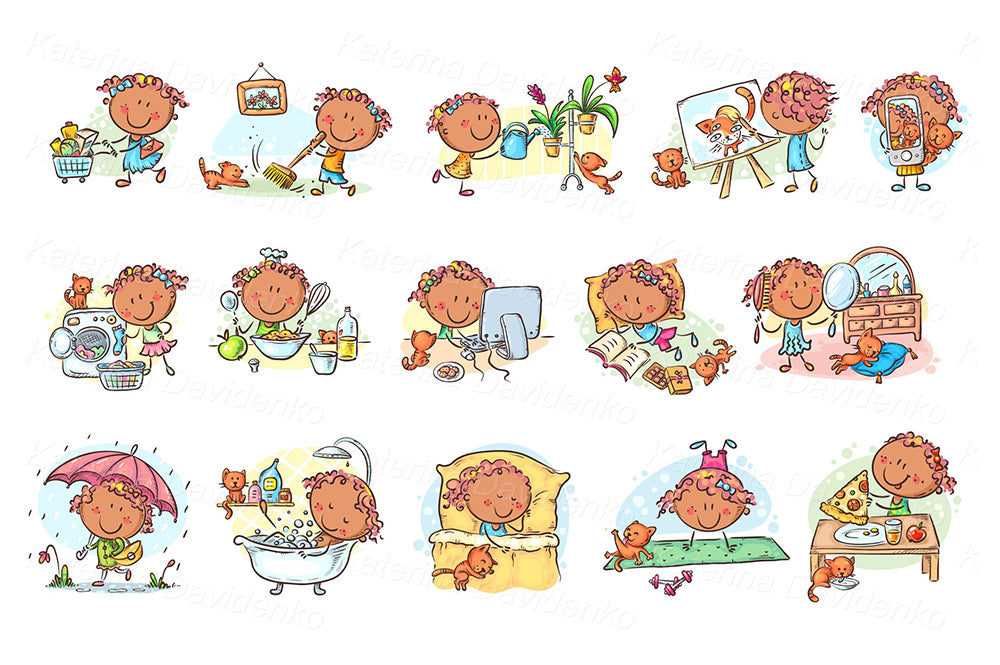 Daily routine illustrations – colorful cartoon set for kids schedule, planner, classroom, posters