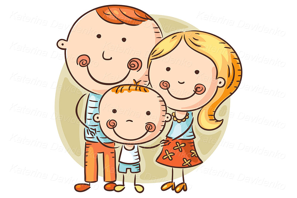 Happy cartoon parents with one child. Family clipart