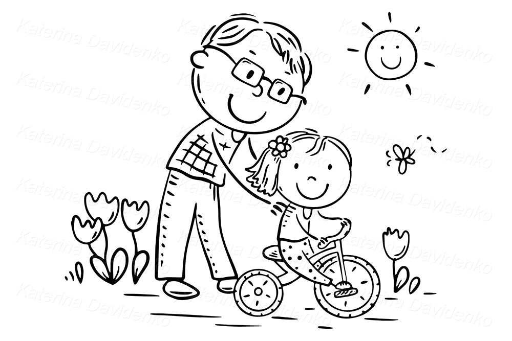 Father and Daughter Bike Ride Clipart – Cute Family Cartoon Art
