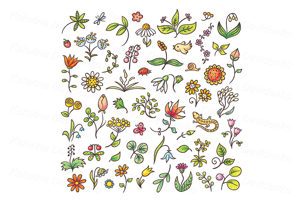 Clipart set of cartoon hand drawn floral design elements