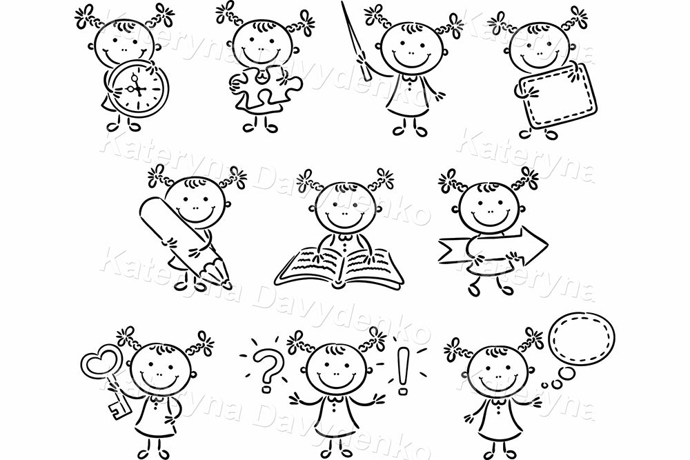 Little girl character with different objects and signs