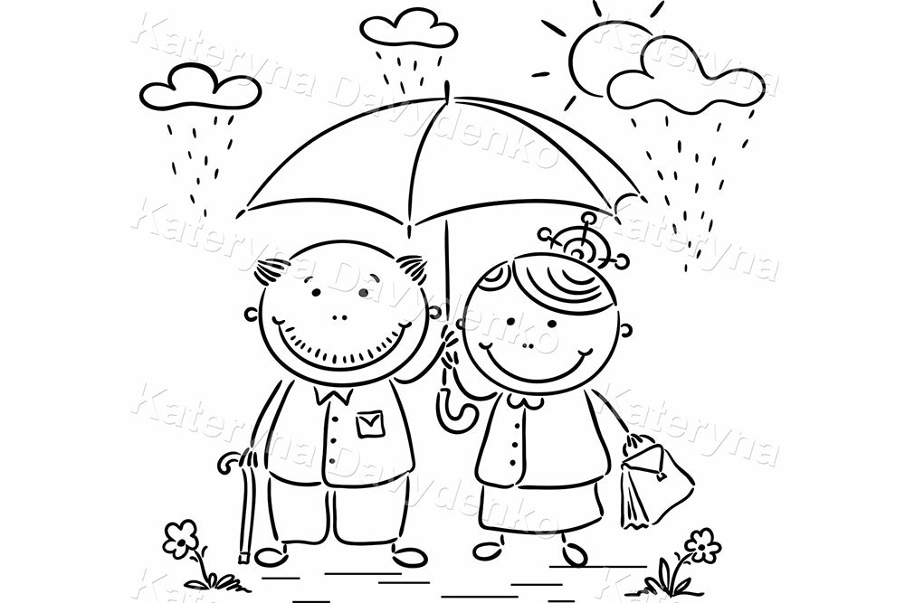 Happy cartoon grandparents under umbrella