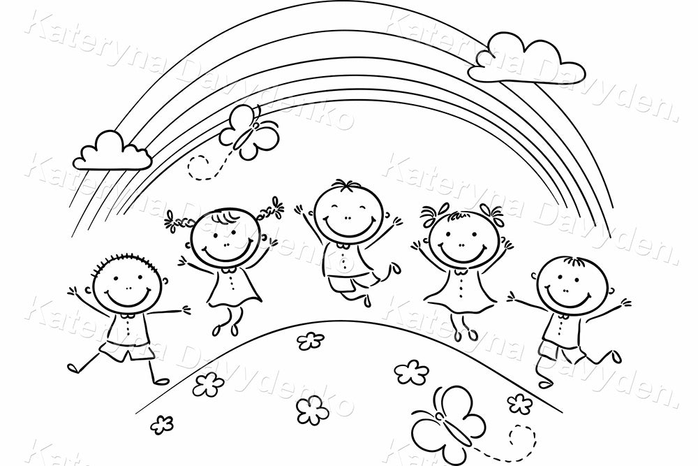 Happy kids jumping with joy on a hill underneath a rainbow