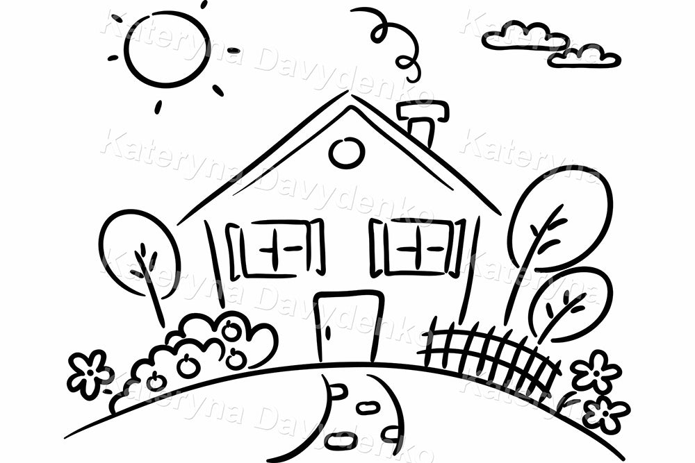 Child's drawing cartoon village on a hill