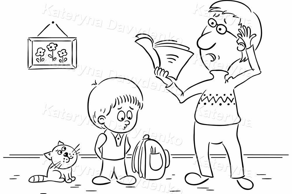 Doodle-style drawing of a worried child and parent with homework