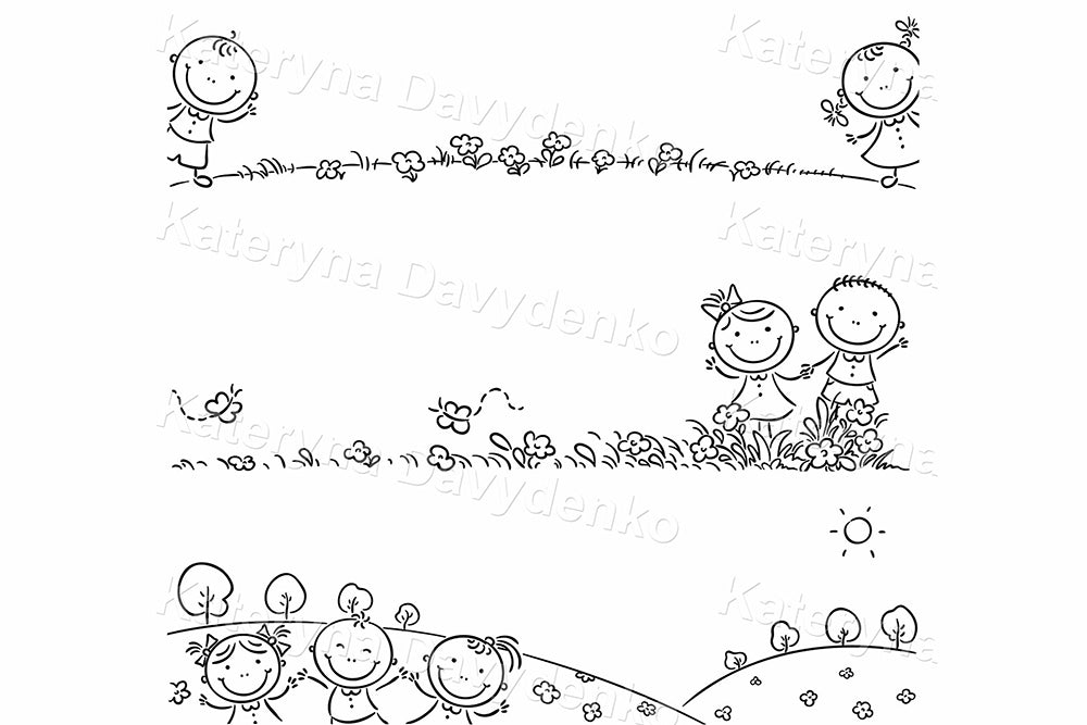 Playful kids and nature scenes in a banner-style doodle set