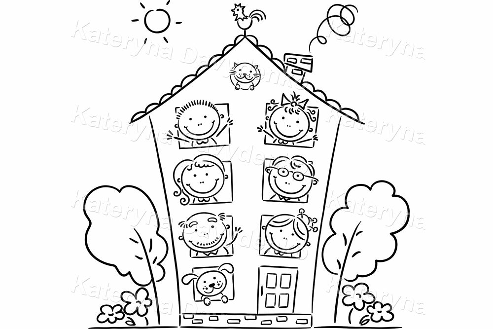 Family in Apartment Building Windows