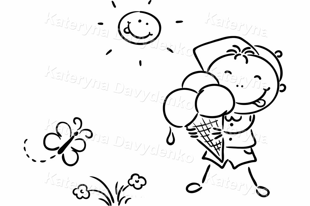 Doodle cartoon little boy enjoying his ice-cream