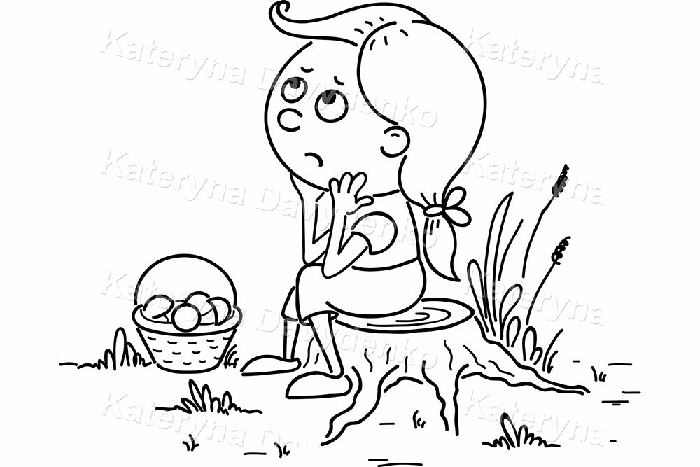 Black and white line drawing of a girl with a basket of mushrooms sitting on the ground.