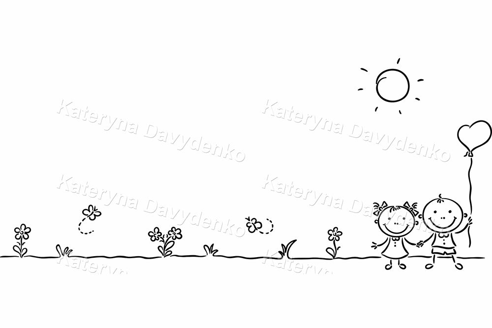 Simple black line drawing of two children holding hands with a balloon.