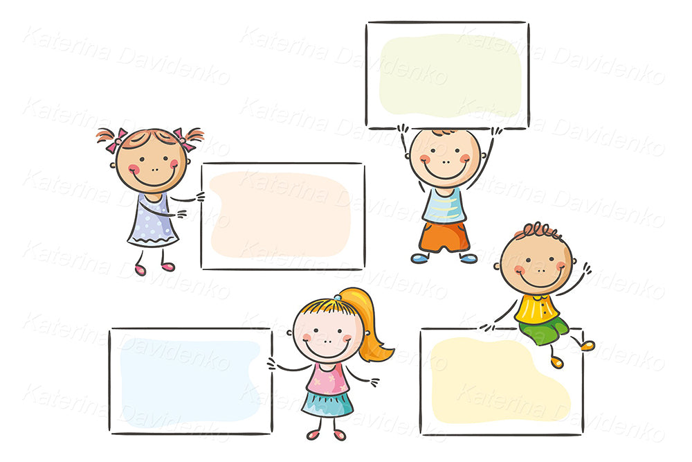 Kids with blank signs clipart set