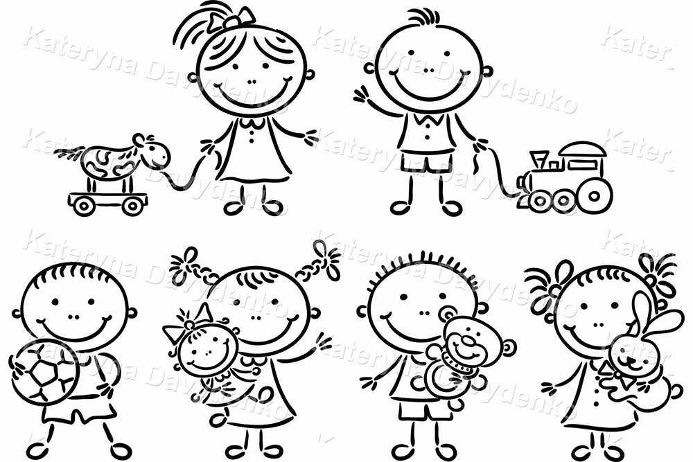 Black and white line art of children with various toys and activities