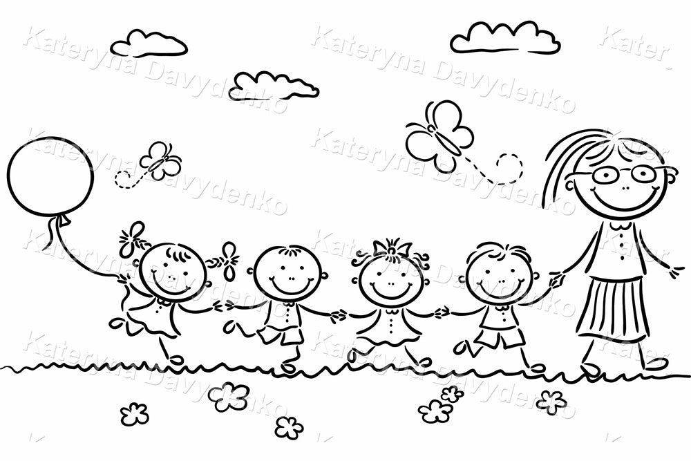 Black and white illustration of a kindergarten teacher with children.