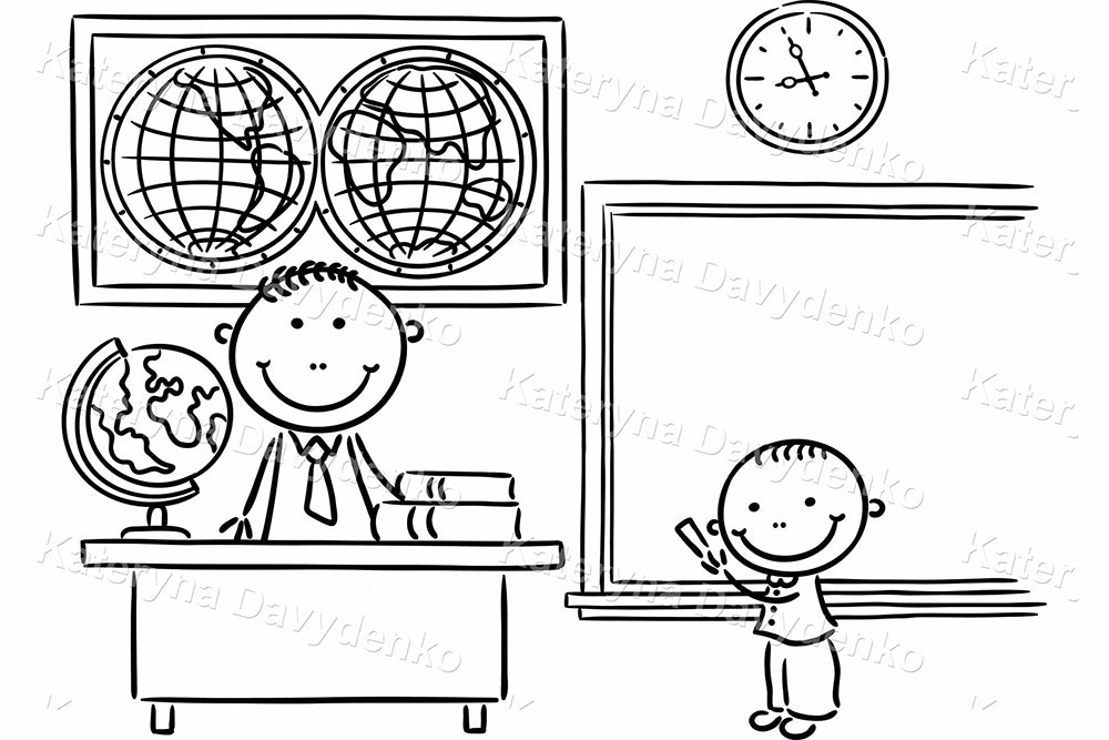 Black and white illustration of a classroom scene with teacher and child, educational items.