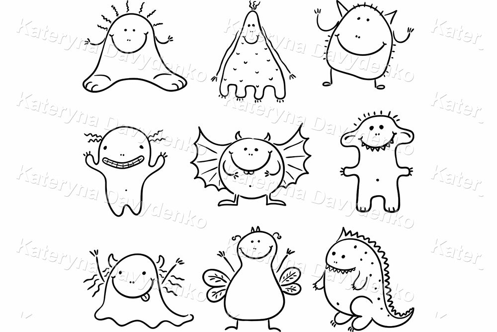 Set of black and white cartoon monsters