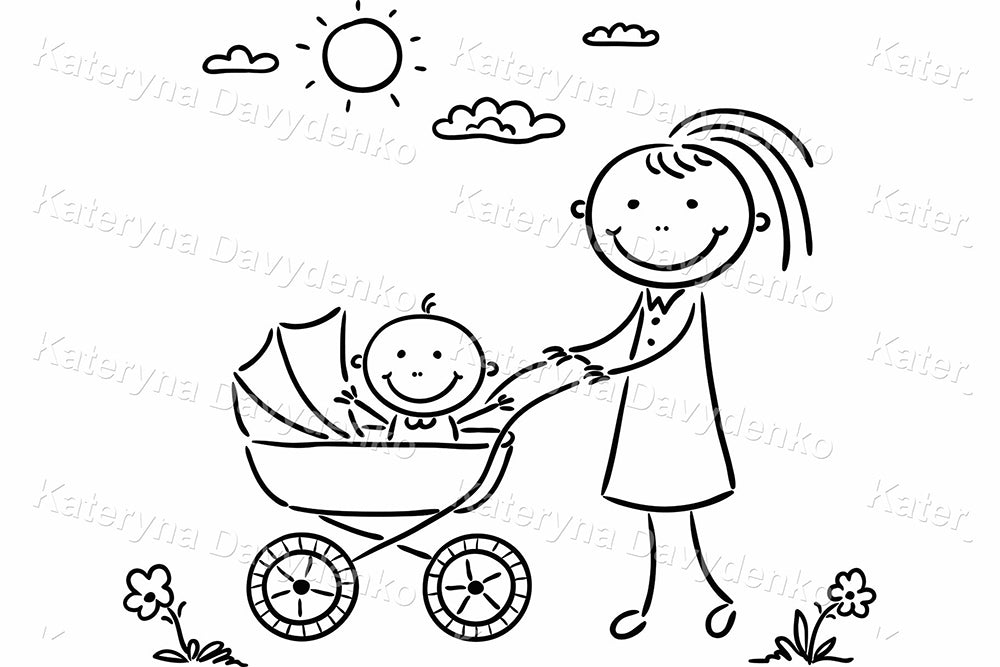 Black and white illustration of a mother pushing a baby in a stroller with a sun and clouds in the background.