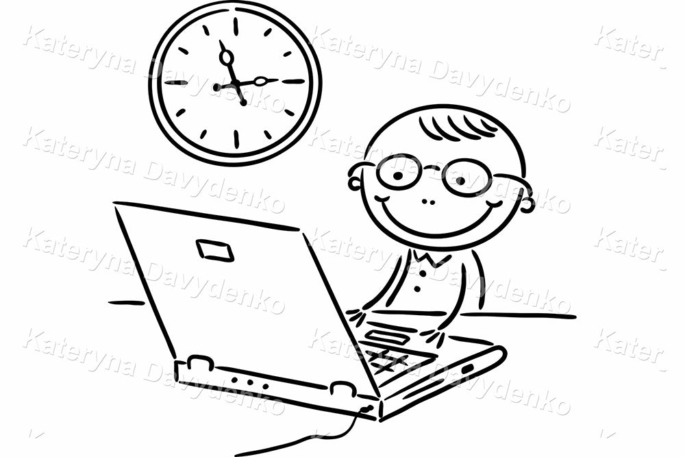 Black and white illustration of a child using a laptop with a clock above.