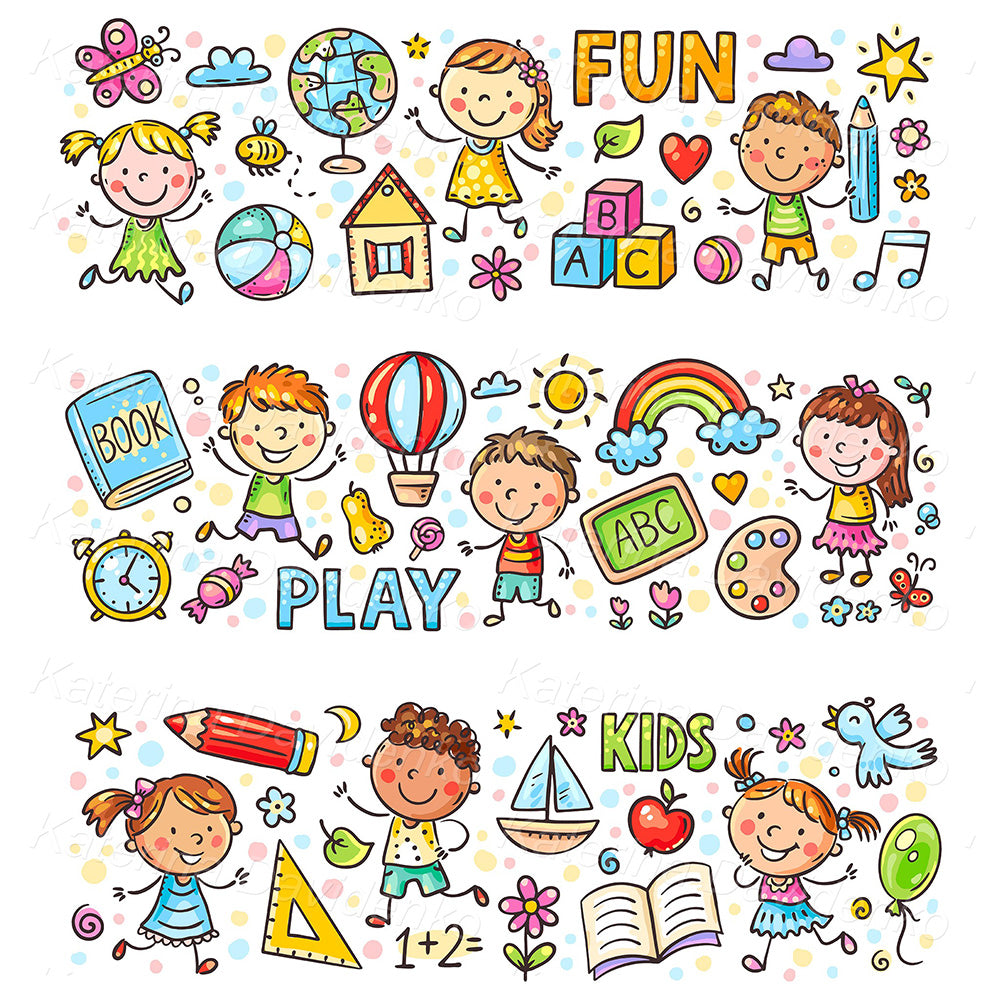 Set of doodle kids horizontal borders