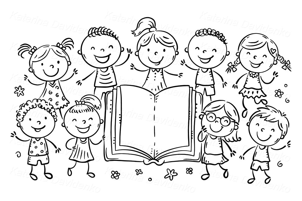 Kids Reading Clipart – Happy Children Around Open Book, School Art