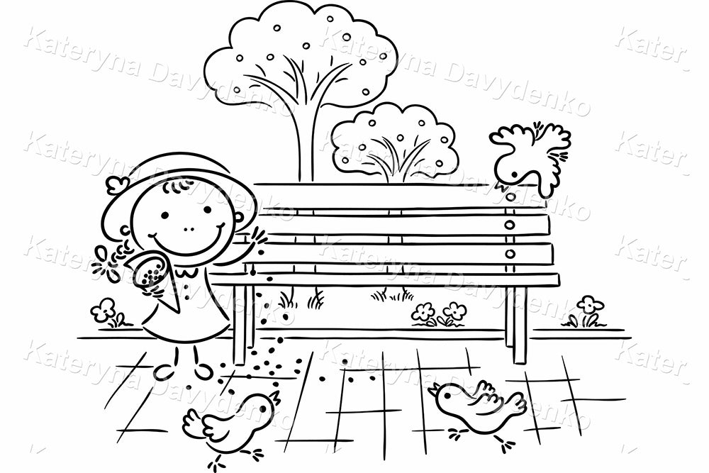 Black and white illustration of a cute little girl with seeds feeding birds near a bench.