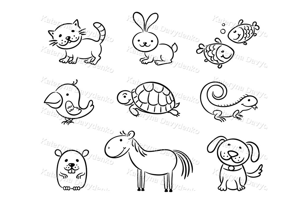 Set of black line drawings of various animals