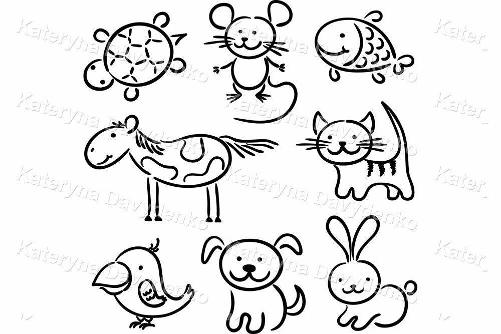 Cartoon set of black and white line drawings of various animals.