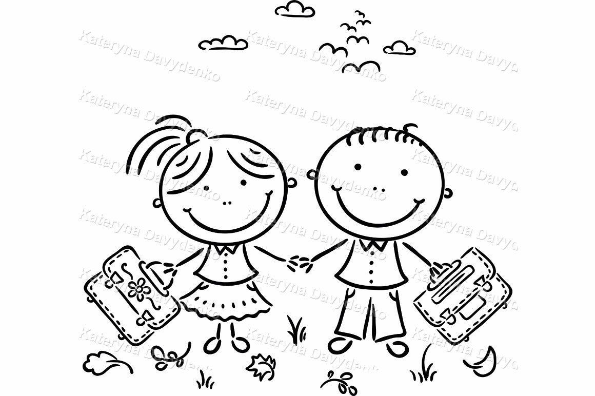 Black and white illustration of two children holding hands with backpacks.