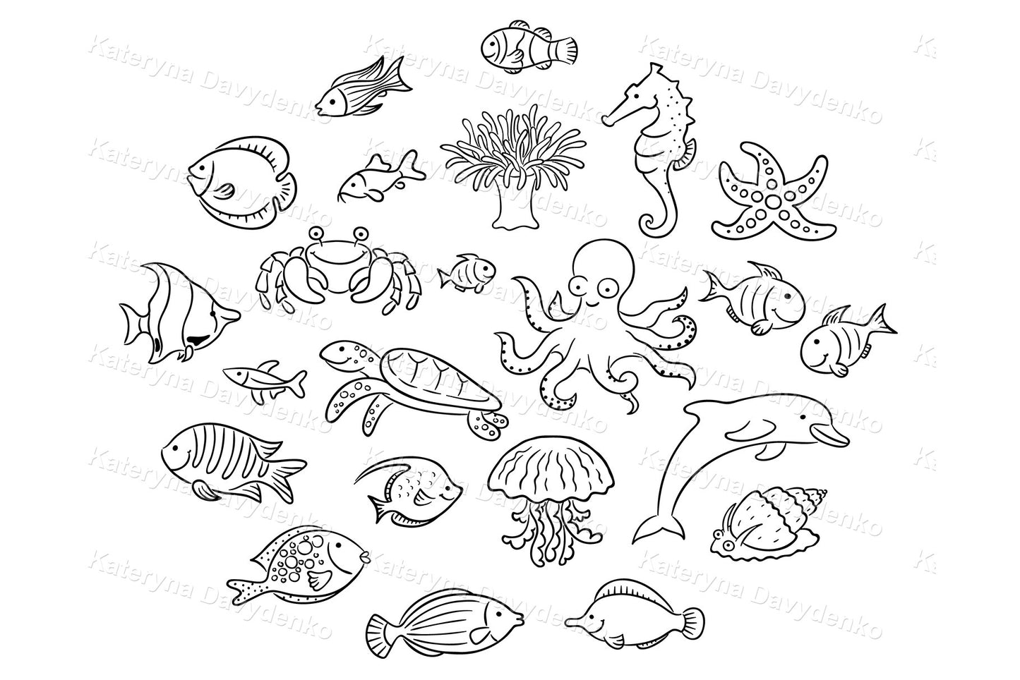 Collection of black and white ocean-themed illustrations. Sea animals clipart