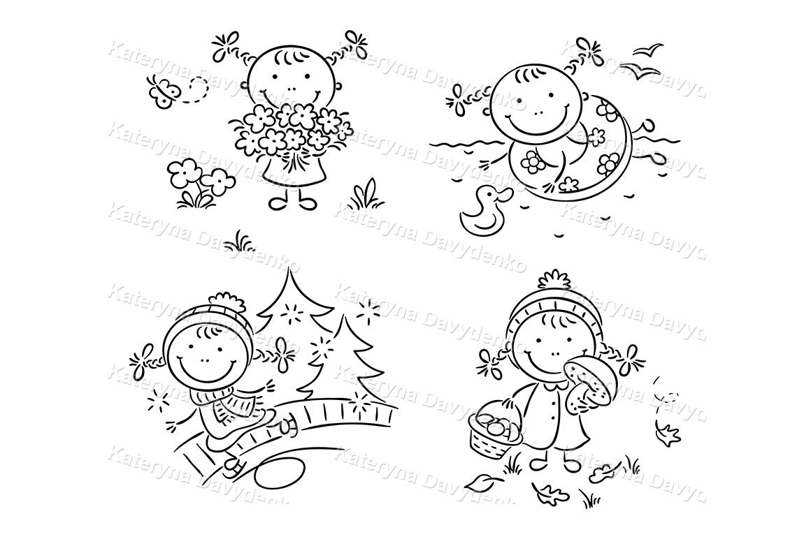 4 Seasons girl clipart. Line art seasonal kids activities set