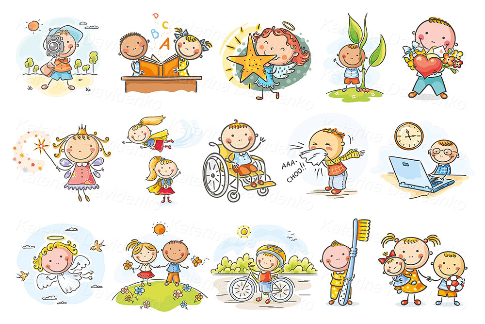 Set of cartoon kids, doodle children, hand drawn characters