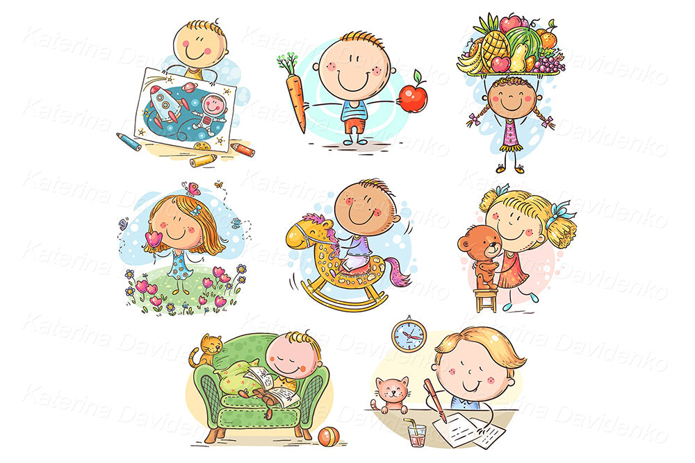 Set of doodle kids clipart. Happy cartoon children vector illustration