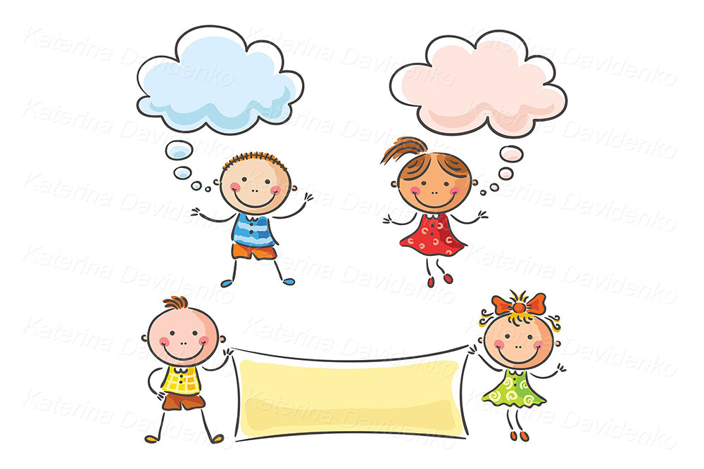 Happy kids with blank signs clipart set