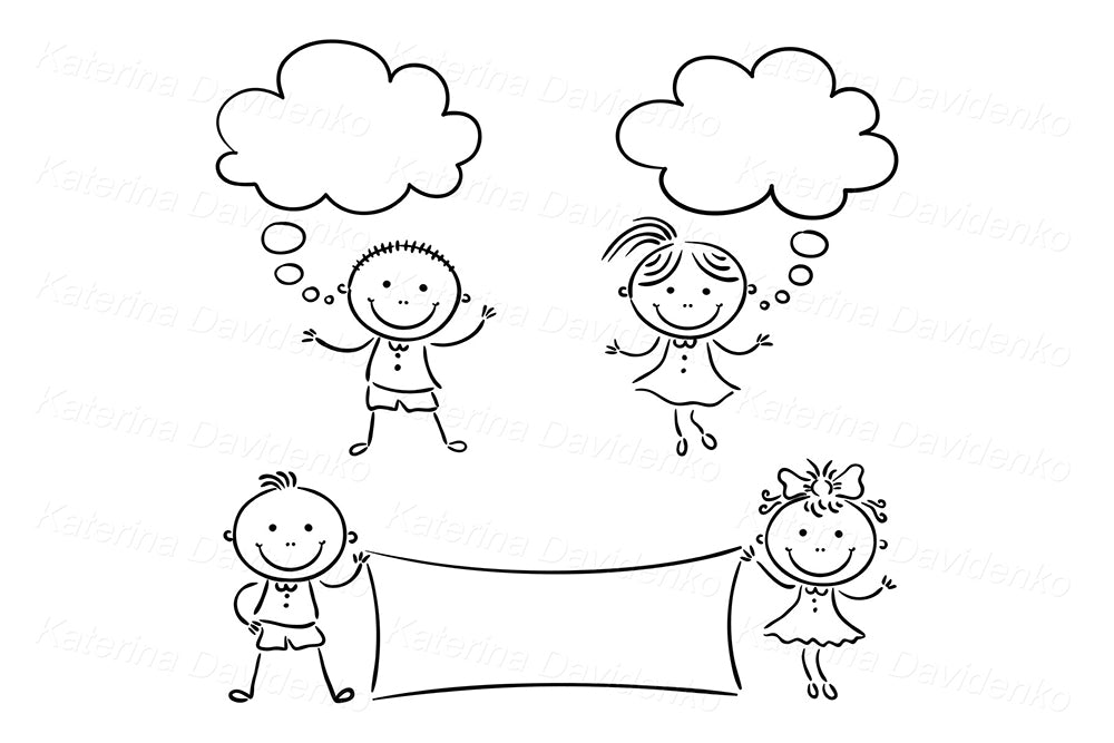Kids with Speech Bubbles and Banner – Cute Vector Clipart Set