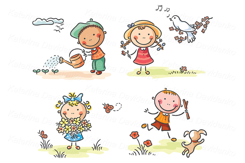 Kids outdoors in spring clipart