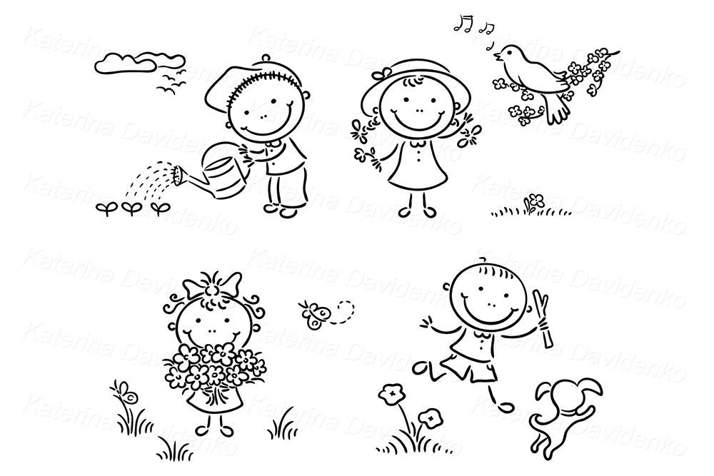 Spring Children Clipart – Gardening, Flowers, Birds, and Play in Whimsical Cartoon Style
