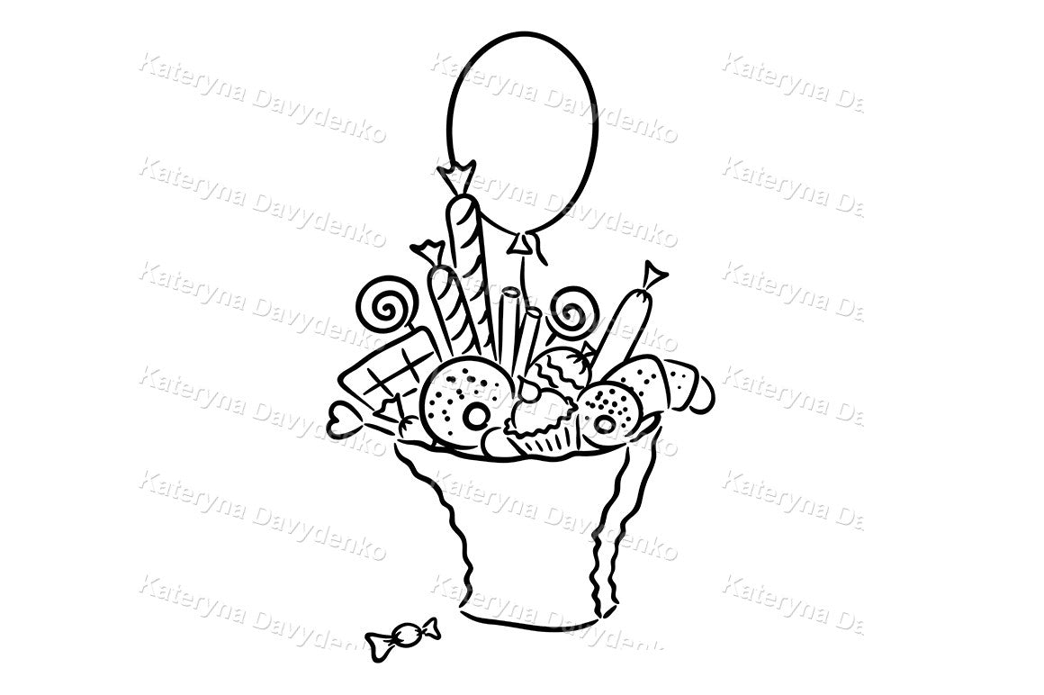 Girl with sweets and balloon. Doodle kids clipart illustration