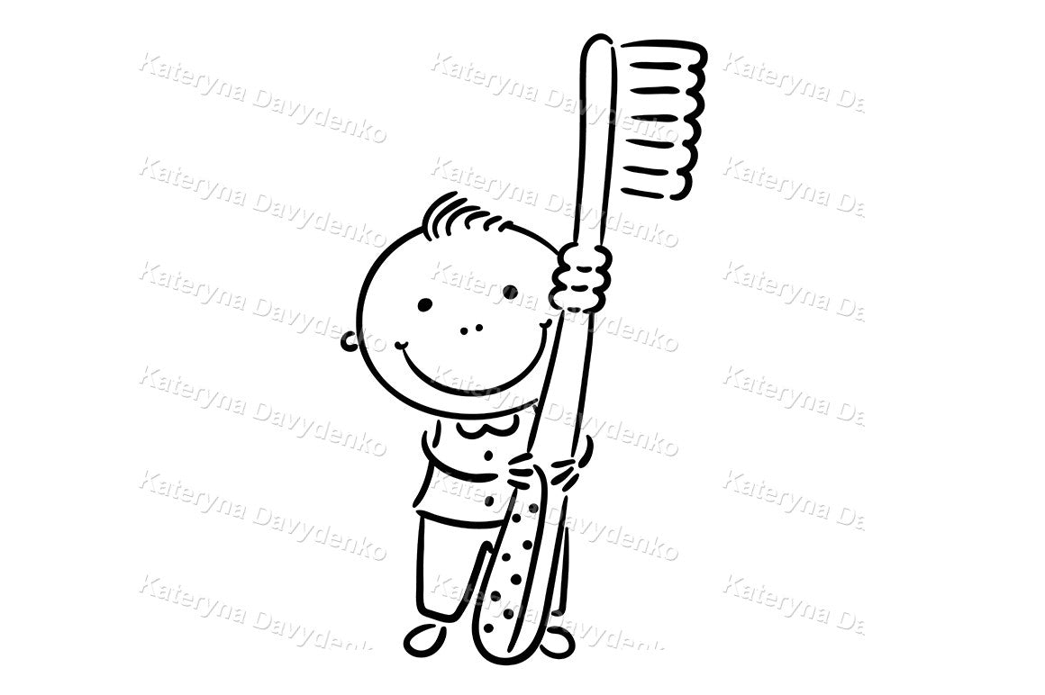 Black and white illustration of a cartoon child holding a toothbrush.