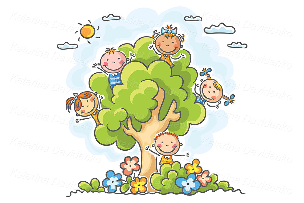 Kids playing in the tree clipart